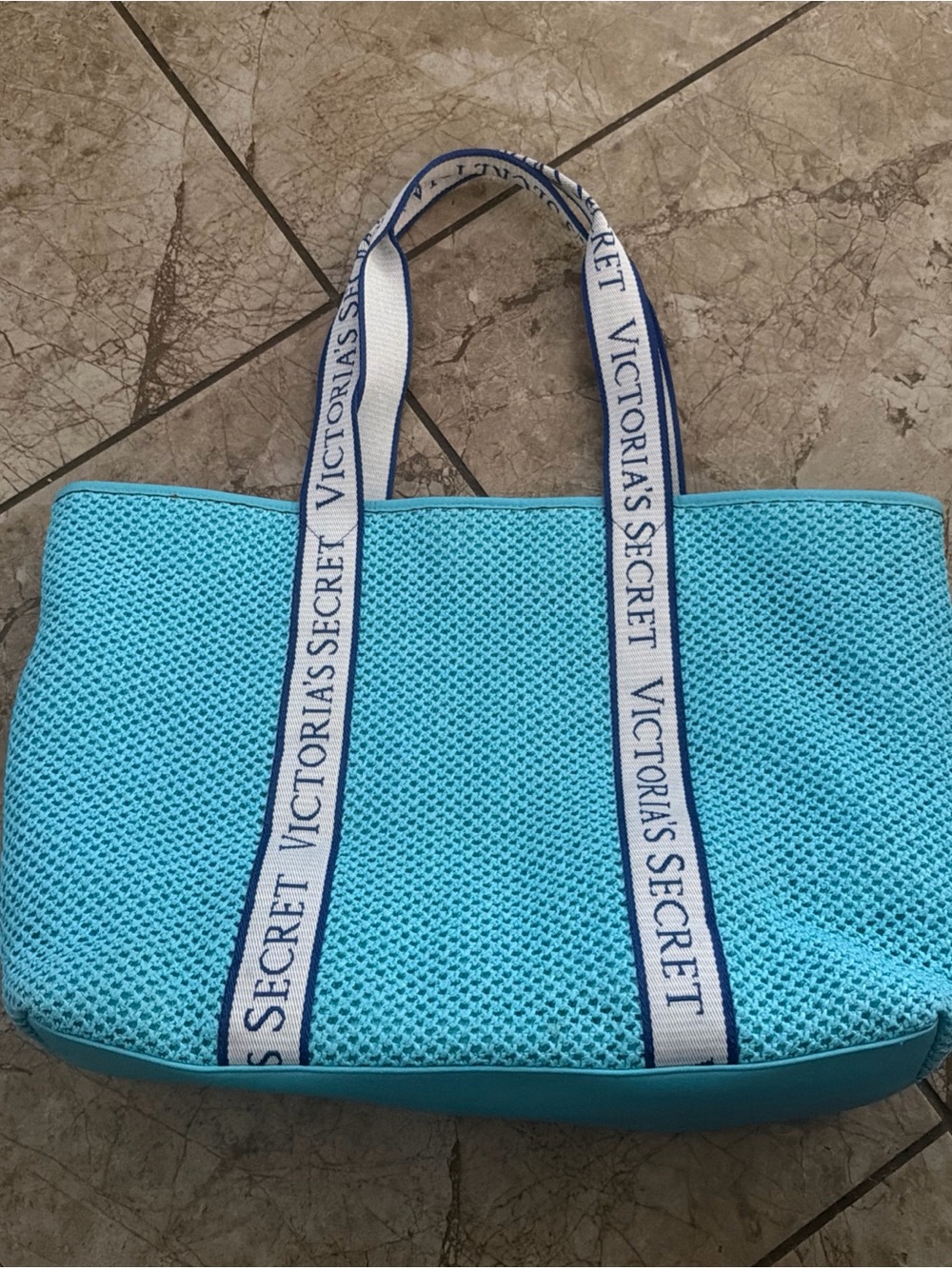 Victoria's Secret Aqua Mesh Tote with Branded Webbing